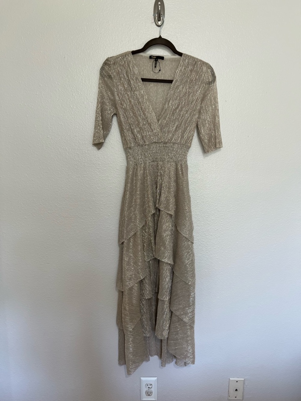 Maje Metallic Taupe Tiered Ruffle Maxi Dress